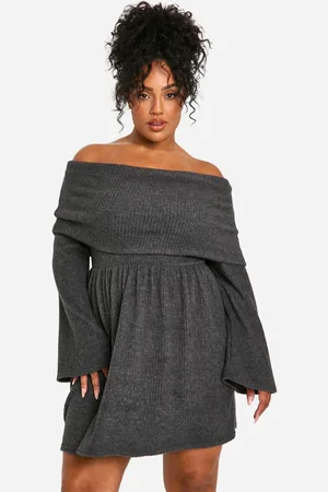 Boohoo Womens Plus Brushed Rib Off Shoulder Skater Dress - - 22