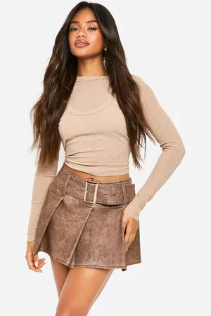 Boohoo Womens Washed Pu Low Rise Belted Pleated Mini Skirt - - 6