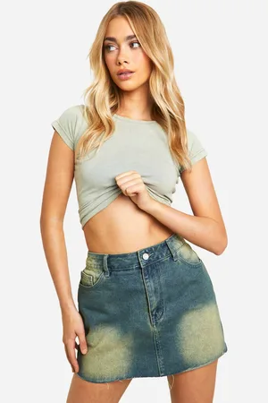Boohoo Womens Green Vintage Tint Raw Hem Micro Mini Denim Skirt - - 12