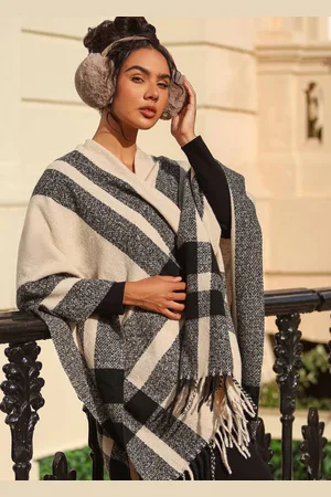 Quiz Womens Off White Check Print Tassel Cape - - One Size