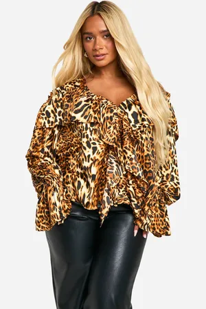 Boohoo Womens Plus Leopard Ruffle Flare Sleeve Blouse - - 20