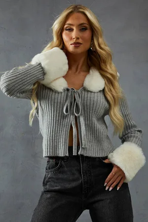 MissPap Womens Knitted Rib Fur Trim Tie Detail Front Jumper - - XS/S