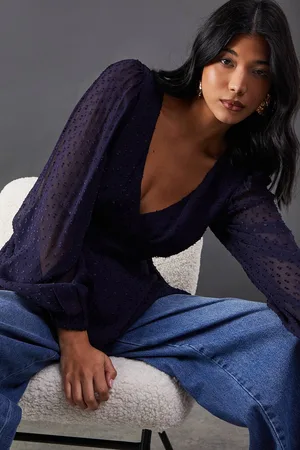 warehouse Womens Plunge Neck Dobby Chiffon Double Layer Blouse - - 10