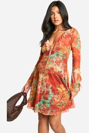 Boohoo Womens Maternity Mesh Floral Print Ruffle Detail Long Sleeve Skater Mini Dress - - 16