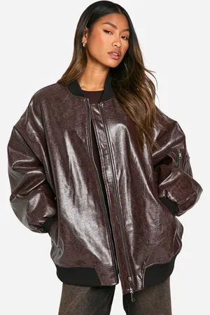 Boohoo Womens Cracked Faux Leather Oversized Bomber Jacket - - 14
