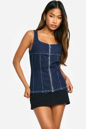 Boohoo Womens Contrast Stitch Seam Detail Raw Indigo Denim Corset Top - - 16