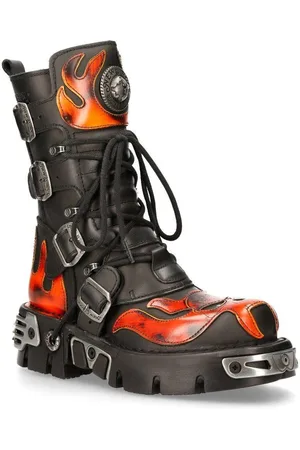New Rock Flame Accented/Red Leather Biker Skull Boots- 107-S1 - - 12