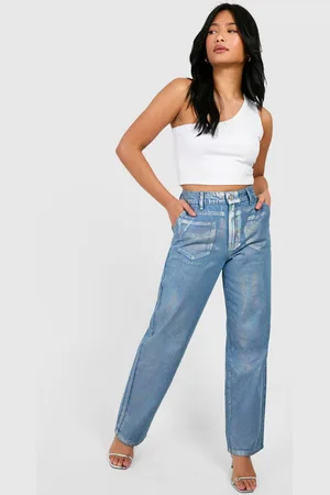 Boohoo Womens Petite Iridescent Metallic Coated Straight Leg Jeans - - 16