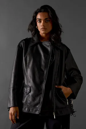 warehouse Womens Oversized Whipstitch Detail Leather Look Jacket - - 14