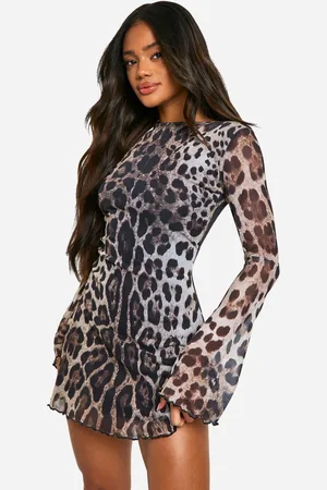 Boohoo Womens Leopard Mesh Flare Sleeve Mini Dress - - 10