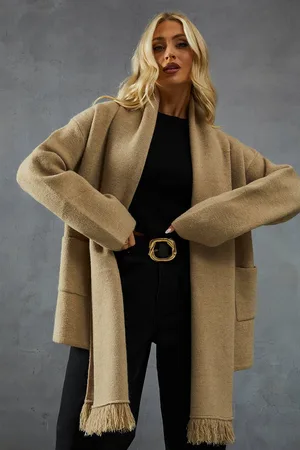 MissPap Womens Premium Knitted Scarf Detail Longline Cardigan - - S/M