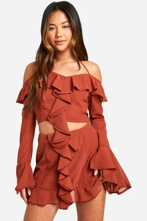 Boohoo Womens Chiffon Ruffle Front Bardot Crop - - 10