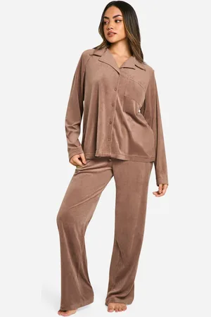Boohoo Womens Velour Fleece Button Up Trouser Pj Set - - 6