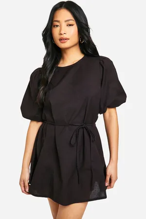 Boohoo Womens Petite Puff Sleeve Tie Waist Linen Look Smock Dress - - 10