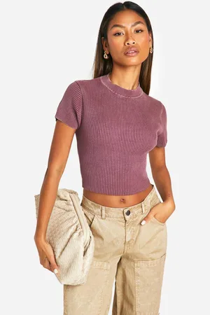 Boohoo Womens Acid Wash Rib Knit Short Sleeve Knitted Top - - 14