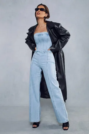 MissPap Womens Bandeau Denim Wide Leg Jumpsuit - - 16