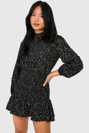Boohoo Womens Petite Spot High Neck Shirred Ruffle Dress - - 12
