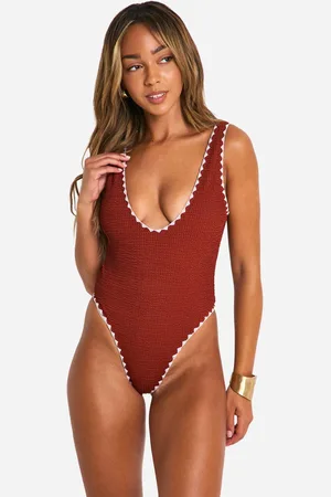 Boohoo Womens Crinkle Contrast Edge Plunge Swimsuit - - 14