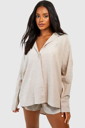 Boohoo Womens Cotton Tonal Pinstripe Oversized Pyjama Shirt - - 14