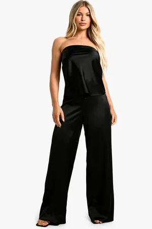 Boohoo Womens Satin Longline Bandeau & Drawstring Waist Wide Leg Trouser Set - - 16