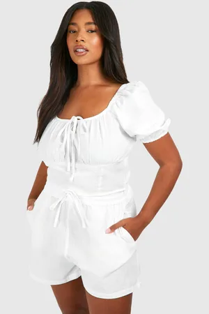 Boohoo Womens Plus Linen Feel Puff Sleeve Ruched Bust Crop Top - - 26