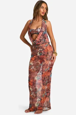 Boohoo Womens Butterfly Printed Cowl Neck Maxi Beach Dress - - M