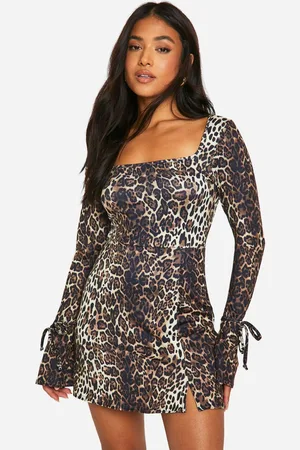 Boohoo Womens Petite Leopard Square Neck Tie Cuff Mini Shift Dress - - 14
