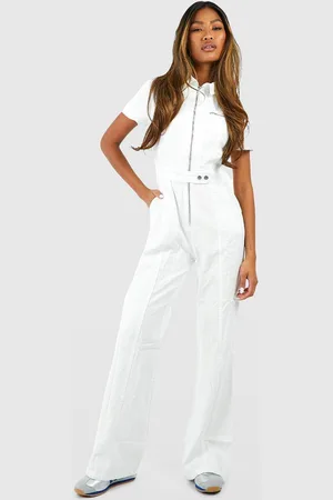 Boohoo Womens Zip Up Cargo Denim Wide Leg Jumpsuit - - 12