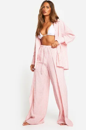 Boohoo Womens Stripe Seersucker Wide Leg Beach Trouser - - M