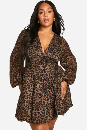 Boohoo Womens Plus Milkmaid Woven Leopard Bubble Hem Skater Dress - - 20