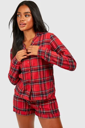 Boohoo Womens Brushed Check Long Sleeve PJ Shorts Set - - 16