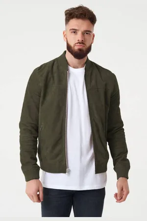 Barneys Originals Khaki Goat Suede Bomber Jacket - - L