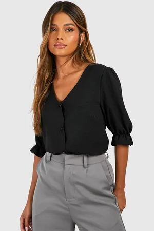 Boohoo Womens Hammered Puff Sleeve Button Front Blouse - - 16