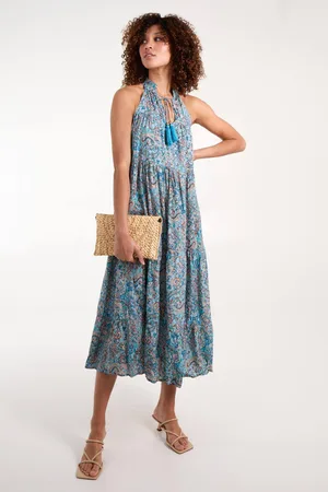 Blue Vanilla Womens Art Tie Neck Smock Maxi Dress - - M