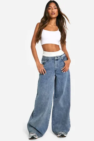 Boohoo Womens Satin Boxer Detail High Waisted Wide Leg Denim Jean - - 16