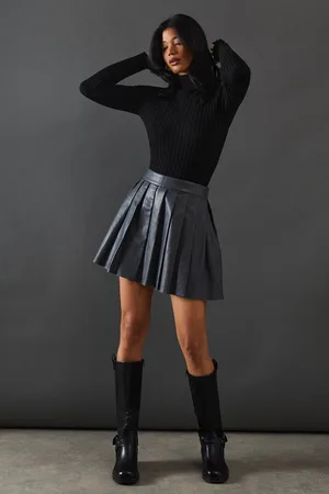 warehouse Womens Real Leather Pleated Mini Skirt - - 14