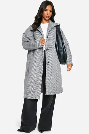 Boohoo Womens Petite Herringbone Check Longline Wool Look Coat - - 14