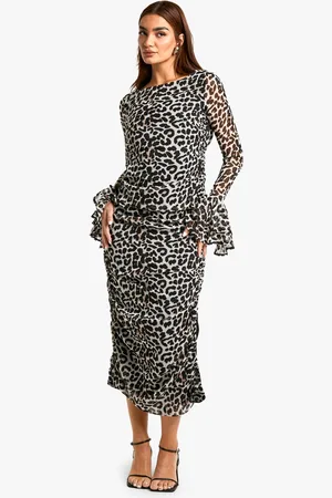 Boohoo Womens Leopard Chiffon Ruffle Midaxi Dress - - 18