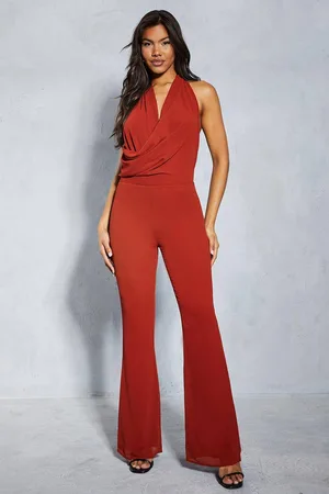 MissPap Womens Chiffon Draped Neck Low Back Flare Leg Jumpsuit - - 16
