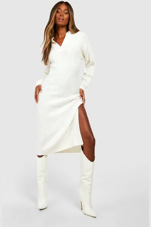 Boohoo Womens Wide Rib Knit Collared Soft Jumper Dress - - M