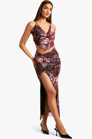 Boohoo Womens Printed Mesh Twist Detail Maxi Skirt - - 16