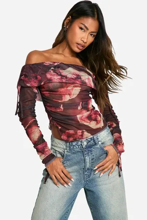 Boohoo Womens Printed Mesh One Shoulder Drape Top - - 14
