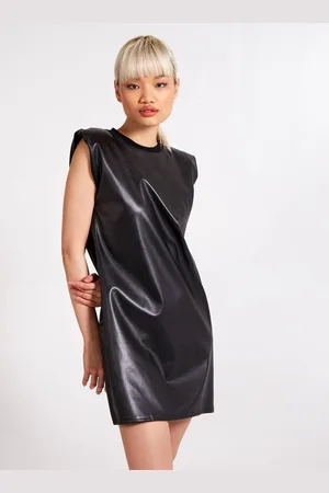 Pink Vanilla Womens Wet Look Vegan Leather Shoulder Pad Dress - - 8