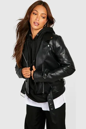 Boohoo Womens Tall Belted Faux Leather Biker Jacket - - 16
