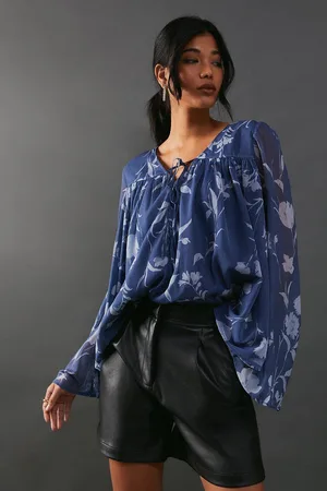warehouse Womens Chiffon Flounce Volume Sleeve Smock Top - - 6