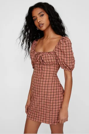 NASTY GAL Womens Check Print Tie Front Puffed Sleeve Mini Dress - - XS