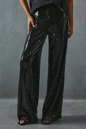 MissPap Womens Sequin Mid Rise Elastic Waist Wide Leg Trouser - - 6
