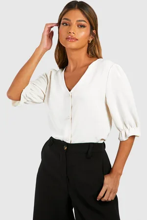Boohoo Womens Hammered Puff Sleeve Button Front Blouse - - 16