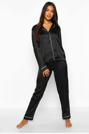 Boohoo Womens Piping Detail Satin Long Sleeve Shirt & Trousers Pyjama Set - - 16