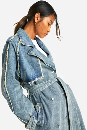 Boohoo Womens Raw Hem Belted Denim Trench Coat - - 12